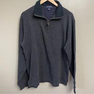 Land’s End men Large 1/4 Zip Pullover gray  Elbow Patches cotton preppy casual